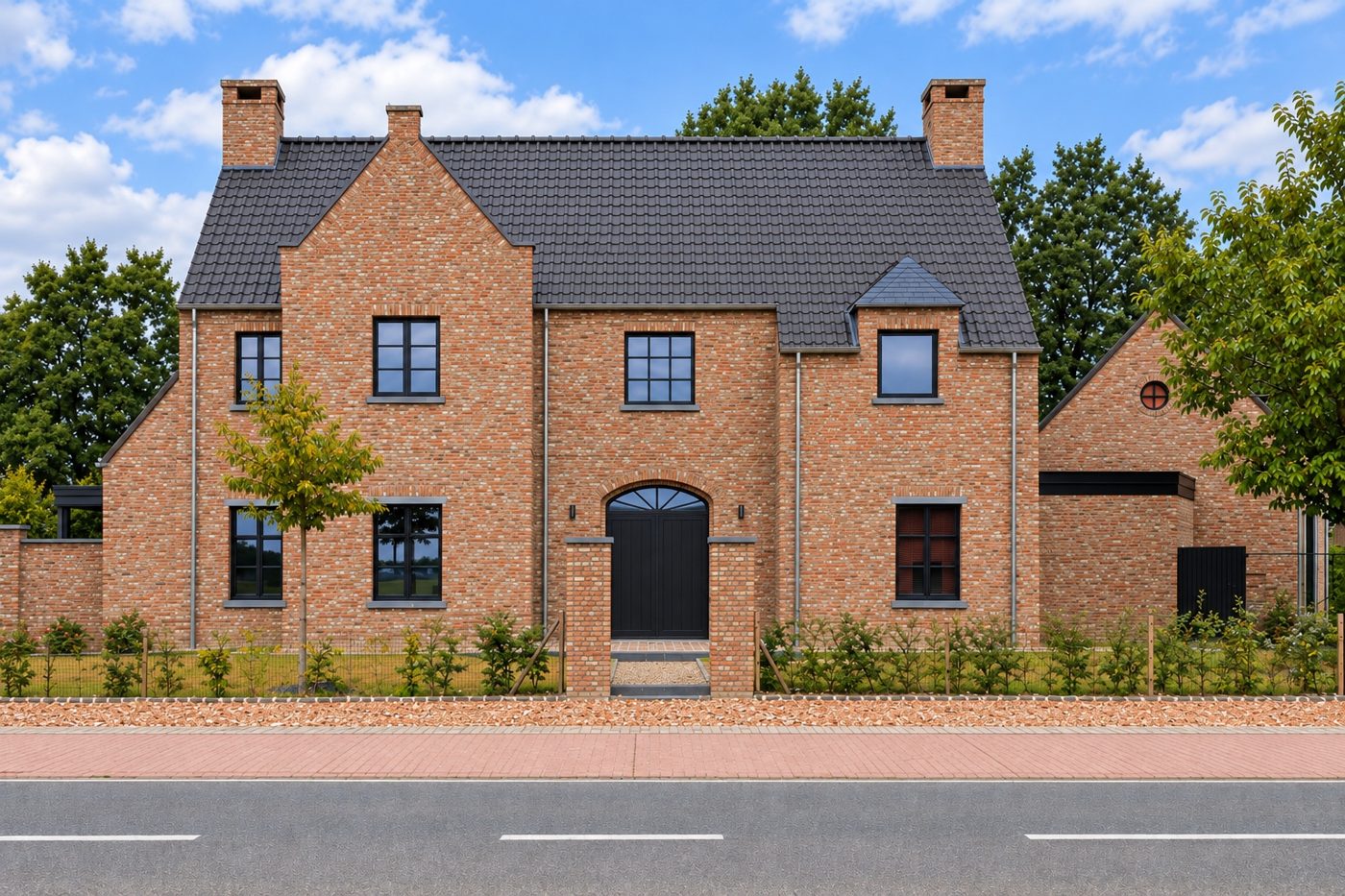 Villa in Rijkevorsel met zwarte aluminium kozijnen en voordeur