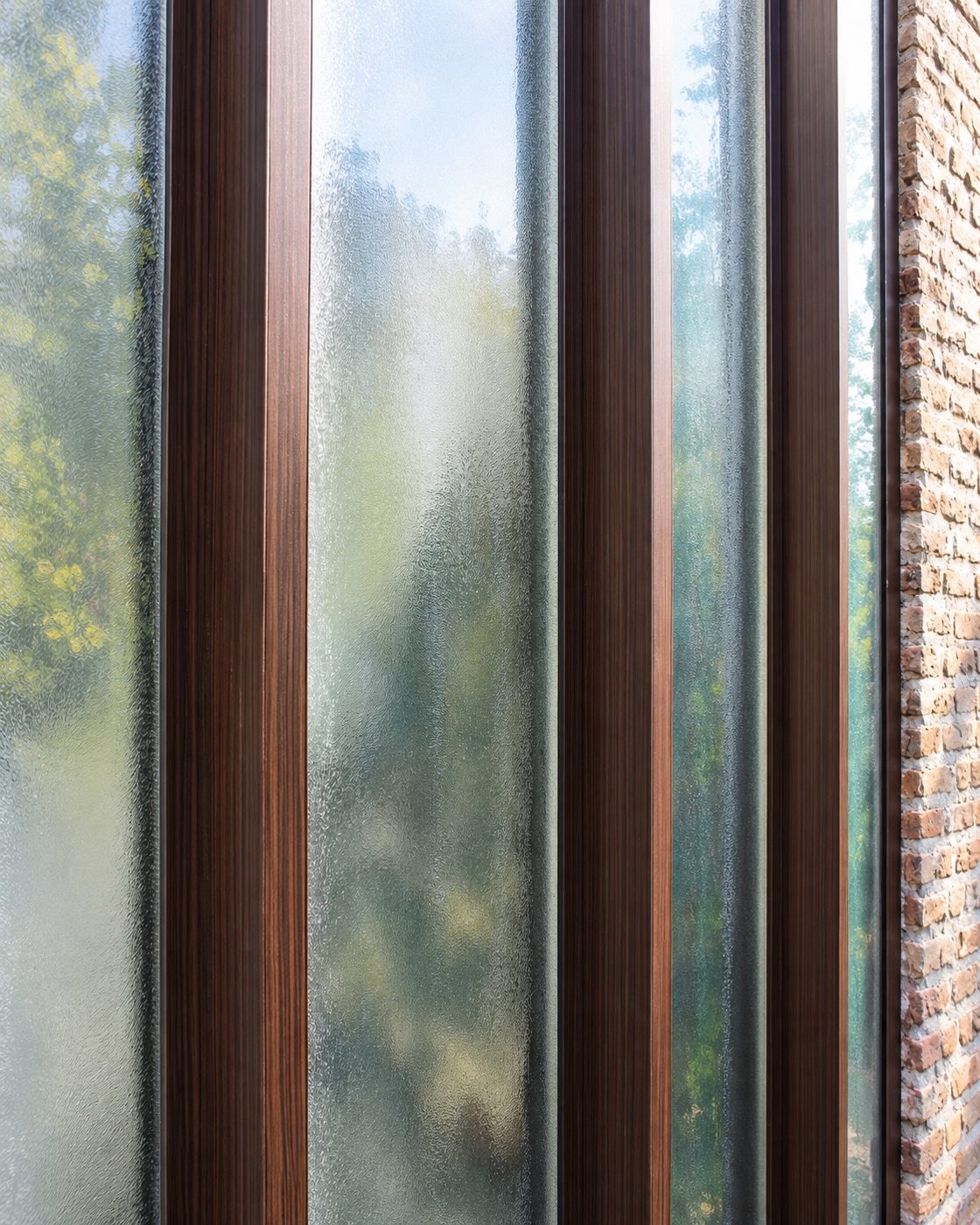 Detail van bruine aluminium profielen met glas in Roosendaal