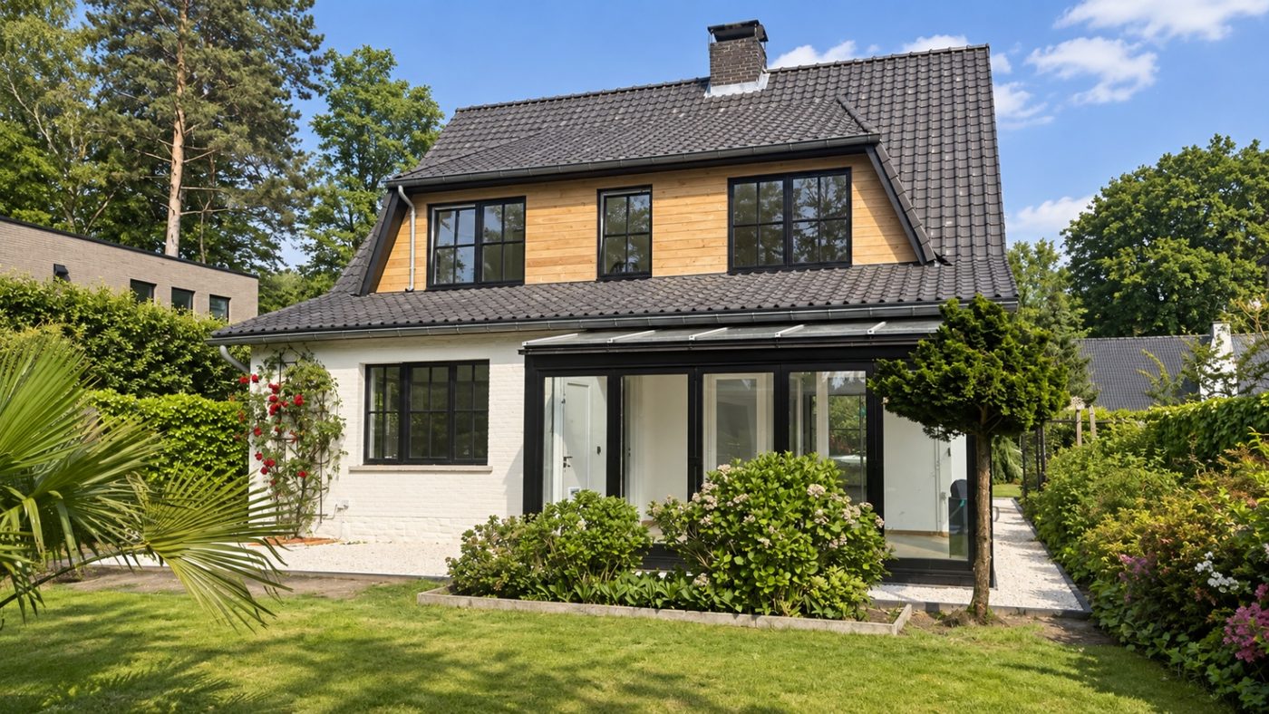 Woning in Schilde met zwarte kozijnen en grote glaspartij richting de tuin