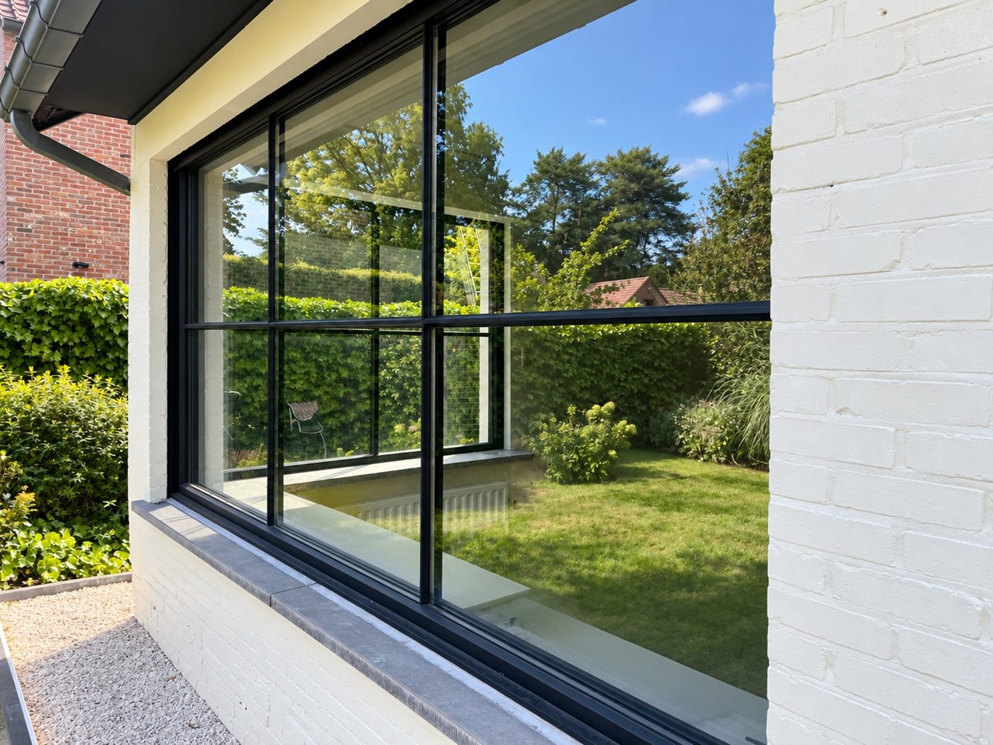 Zwarte stalen-look glaspartij met roedeverdeling en uitzicht op de tuin