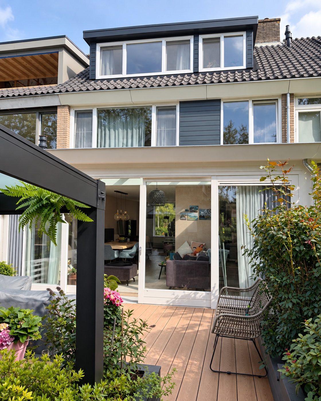 Schuifpui met terras aan de achterzijde van een woning in Waddinxveen