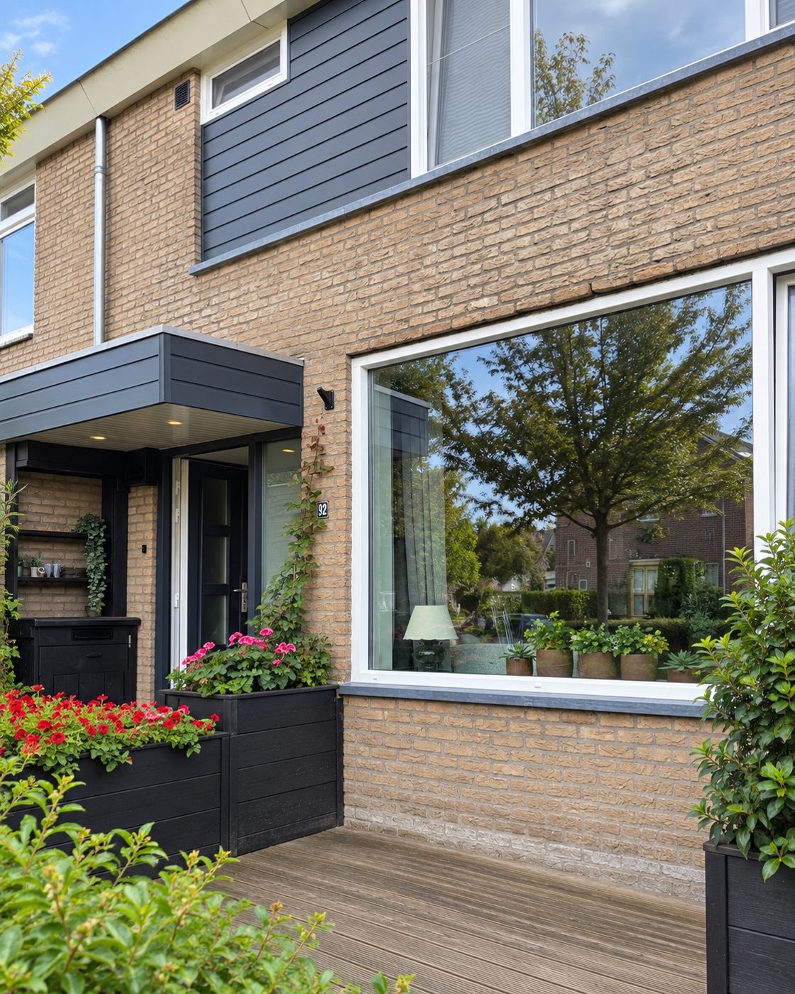 Grote raampartij en voordeur aan de voorzijde van een woning in Waddinxveen