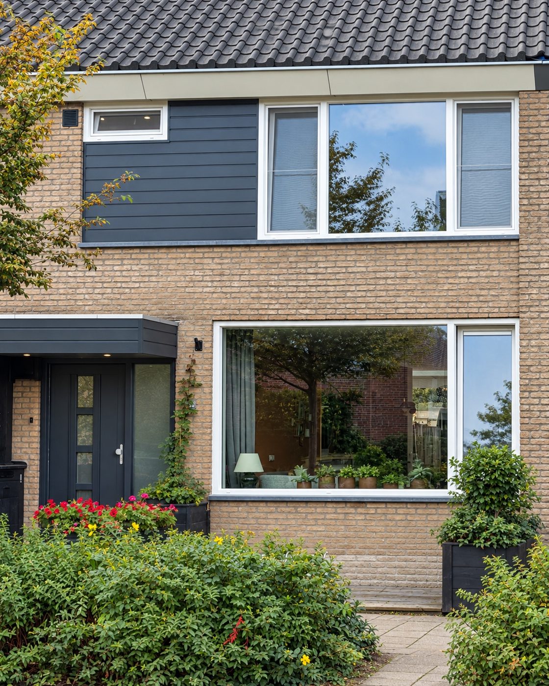 Voorgevel van een woning in Waddinxveen met nieuwe aluminium kozijnen