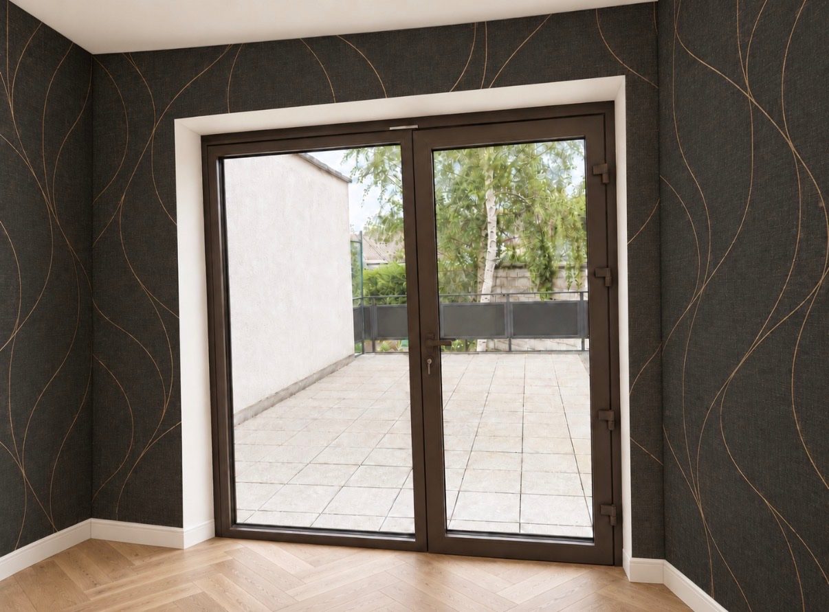 Dubbele aluminium deuren in een woonkamer met behang in Wijnegem