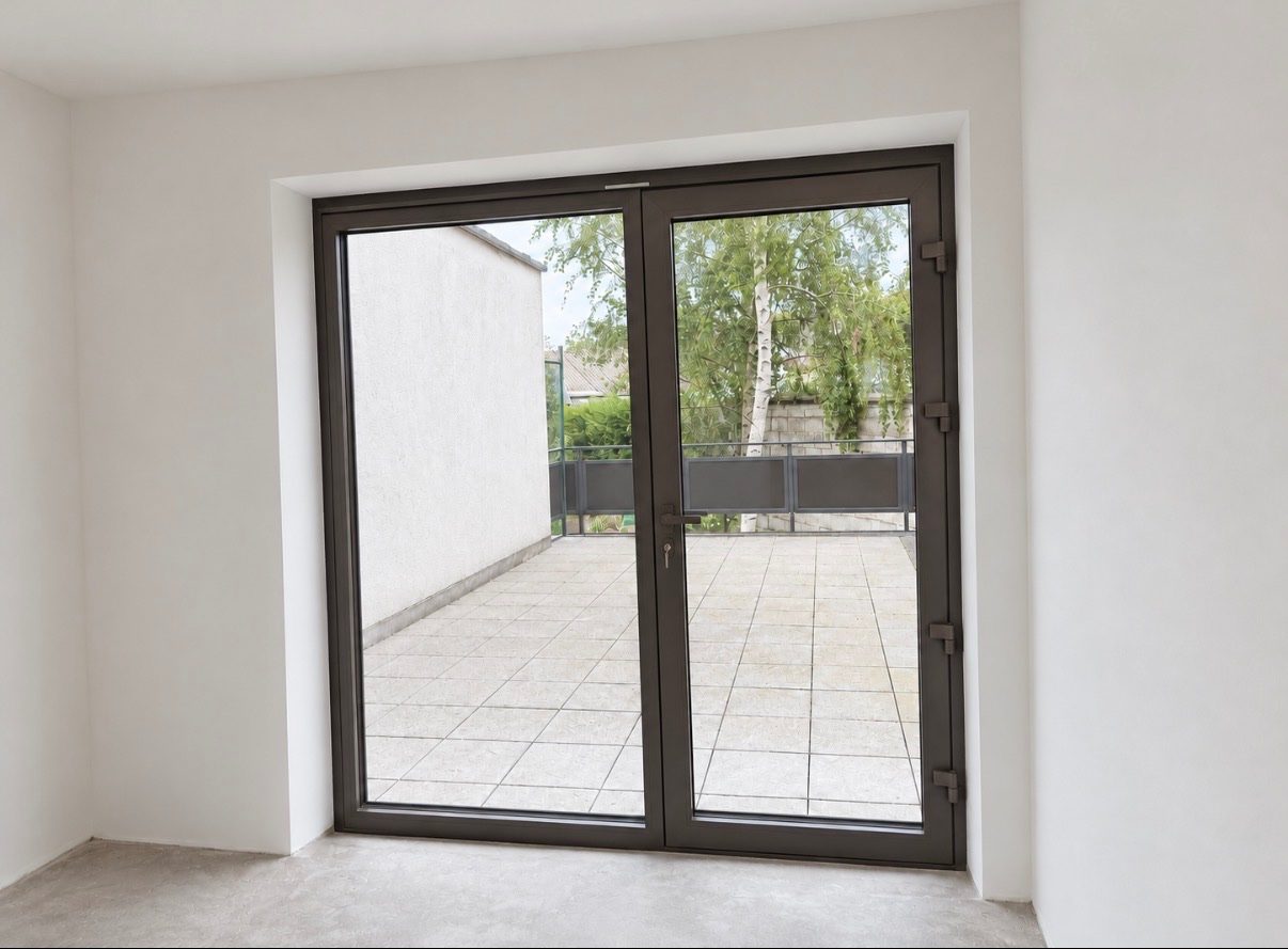 Dubbele aluminium deuren met uitzicht op het terras in Wijnegem